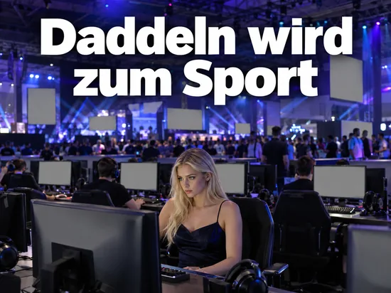 Frau sitzt an einem Rechnerplatz in einer Halle für Computerwettkämpfe
