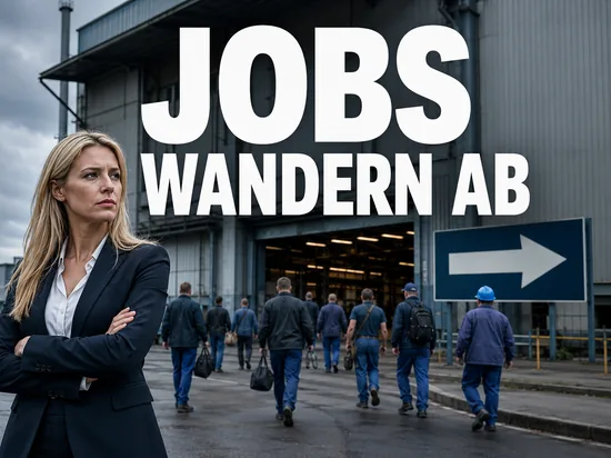 Dänemark fürchtet Abwanderung von Arbeitsplätzen ins Billiglohnland, Geschäftsfrau vor Fabrik mit abwandernden Arbeitern und Richtungspfeil