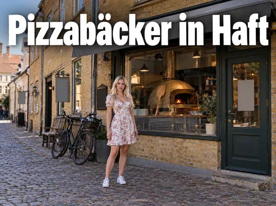 Frau im geblümten Kleid vor einer Pizzeria mit Steinofen in einer dänischen Kleinstadt, darüber der Schriftzug Pizzabäcker in Haft