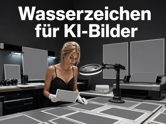 Lupe über grauen Bildabzügen in einem Fotolabor