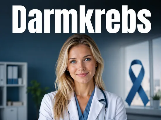 Junge blonde Aerztin blickt hoffnungsvoll, im Hintergrund eine blaue Schleife als Symbol fuer Darmkrebs-Vorsorge