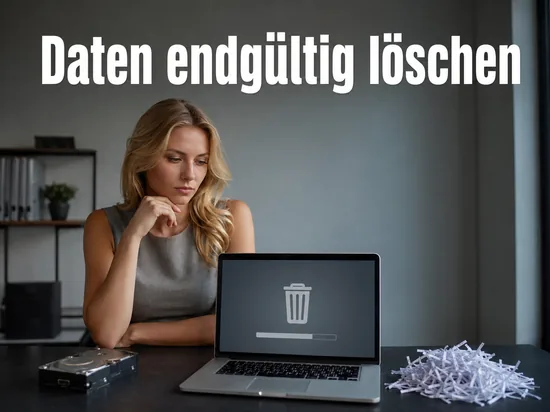 Laptop mit Papierkorb-Symbol neben alter Festplatte und Aktenschnitzeln als Symbol fuer endgueltiges Loeschen von Daten