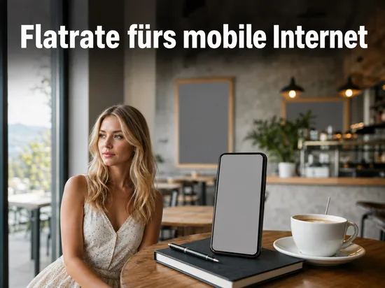 Frau im Café mit Smartphone und Notizbuch