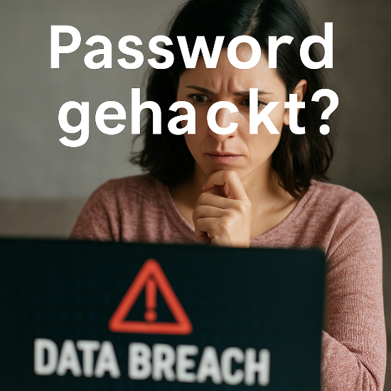 Junge Frau schaut besorgt auf Laptop mit Warnung „Password gehackt?“ und Data-Breach-Symbol im Vordergrund.