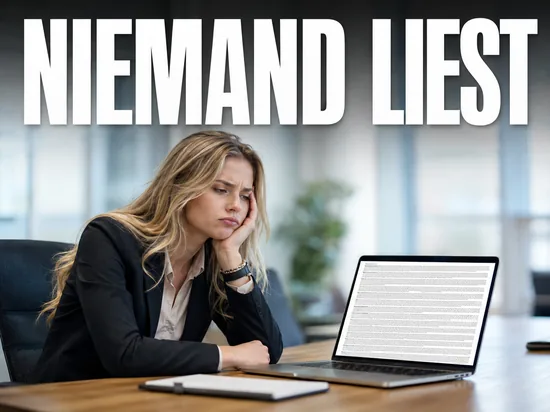 Blonde Geschaeftsfrau blickt gelangweilt auf Laptop mit endloser Datenschutzerklaerung, Schriftzug Niemand liest