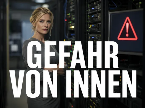Geschaeftsfrau im Serverraum vor Racks und Monitor mit rotem Warnsymbol als Symbol fuer Datensicherheitsrisiken durch Mitarbeiter