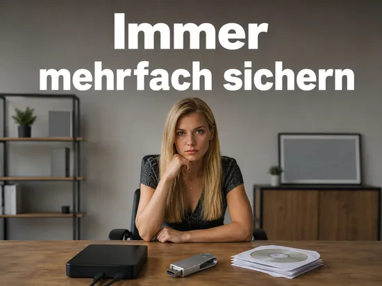 Blonde Frau am Schreibtisch mit externer Festplatte, USB-Stick und einem Stapel gebrannter Discs