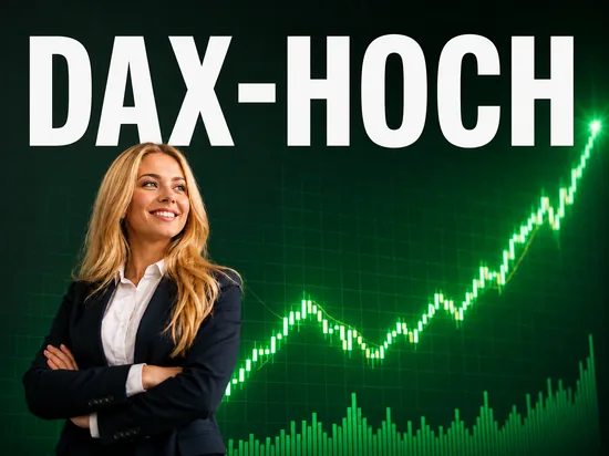 Blonde Geschaeftsfrau vor steigendem DAX-Kurs, Symbolbild DAX-Hoch