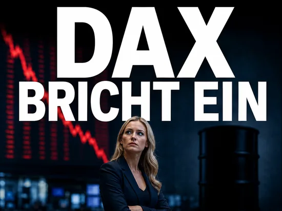 DAX bricht wegen hohem Rohölpreis ein, besorgte Geschäftsfrau vor Börsentafel mit roten fallenden Kursen und Ölfass