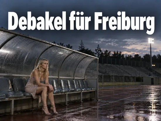 Frau sitzt im Regen auf einer leeren Ersatzbank am Spielfeldrand