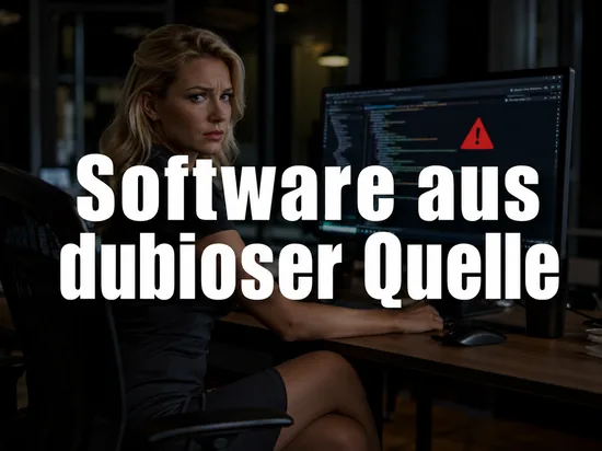 Skeptische Geschaeftsfrau vor einem Monitor mit Entwicklungsumgebung und rotem Warndreieck als Symbol fuer Software aus einer dubiosen Quelle