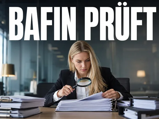 Blonde Geschaeftsfrau prueft Finanzunterlagen mit Lupe, Symbolbild BaFin-Pruefung