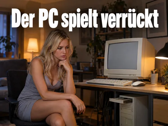 Älterer Computer mit offenem CD-Laufwerk an einem Schreibtisch
