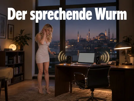 Frau hält sich in einem abendlichen Arbeitszimmer erschrocken die Hand ans Ohr, auf dem Schreibtisch Laptop und Lautsprecher, draußen die Silhouette Istanbuls