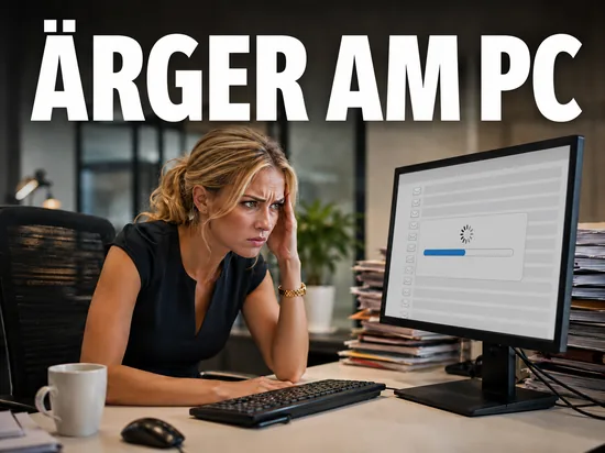 Genervte blonde Geschäftsfrau am Schreibtisch vor einem Monitor mit endlosem Ladebalken als Symbol für Ärger am PC