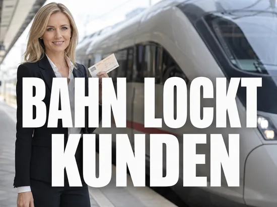Bahn will mit neuen Werbeaktionen den Umsatz ankurbeln, freundliche Geschäftsfrau mit Ticket vor modernem Zug am Bahnsteig