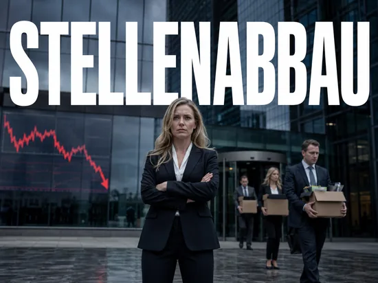 Großbank baut tausende Stellen ab, besorgte Geschäftsfrau vor gläsernem Bankhochhaus mit fallendem Chart und Mitarbeitern mit Umzugskartons