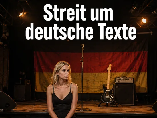 Frau auf einer Clubbühne vor deutscher Fahne mit Mikrofonständer und Gitarre, Schriftzug Streit um deutsche Texte