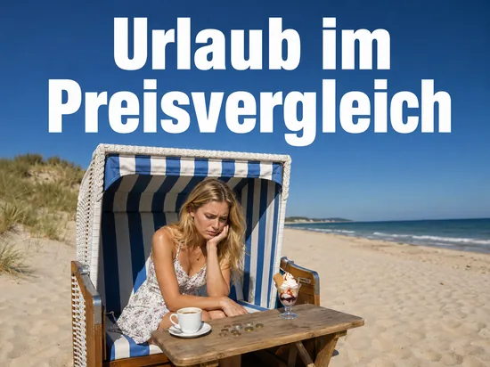 Frau im Strandkorb an der Ostsee mit Kaffee, Eis und Muenzen, Schriftzug Urlaub im Preisvergleich