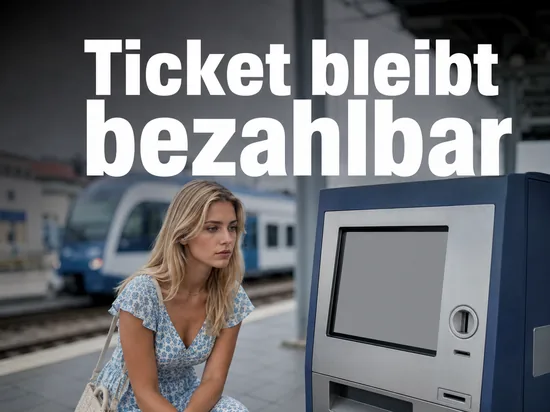 Fahrkartenautomat auf einem Bahnsteig, im Hintergrund ein wartender Zug