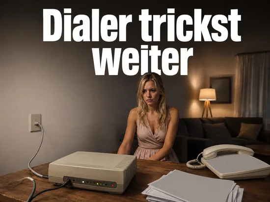 Frau am Wohnzimmertisch mit altem Einwählmodem, Telefon und Papierstapel