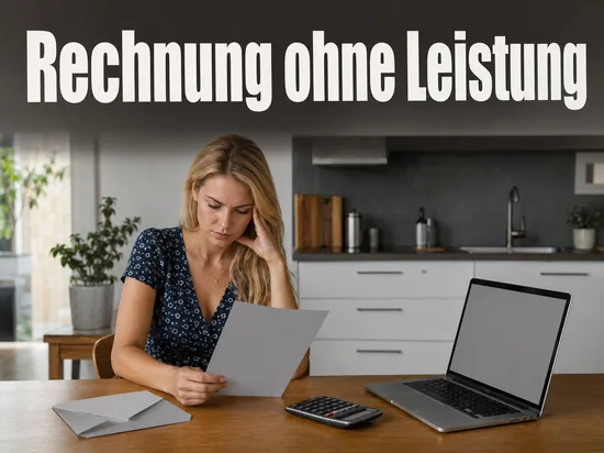 Frau am Küchentisch prüft eine unerwartete Rechnung neben Laptop und Taschenrechner
