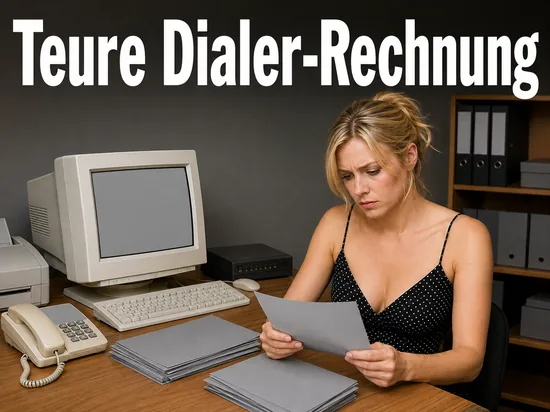 Alter Computerarbeitsplatz mit Roehrenmonitor, Modem, Telefon und Rechnungsstapel