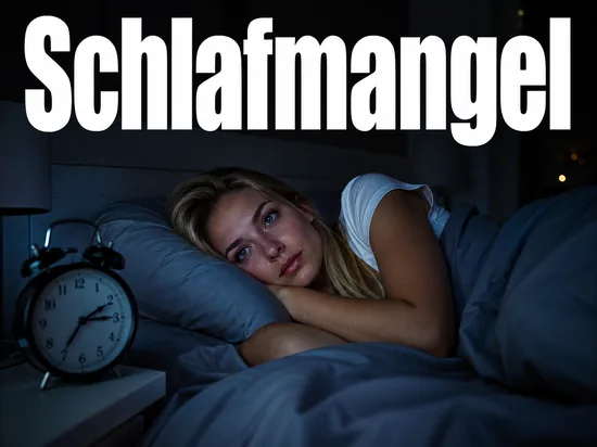 Junge blonde Frau liegt uebermuedet wach im Bett neben einem Wecker als Symbol fuer Schlafmangel