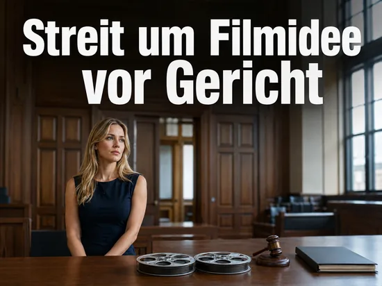 Gerichtssaal mit zwei Filmrollen und Richterhammer als Symbol fuer einen Rechtsstreit um eine Filmidee