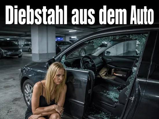 Auto in einer Tiefgarage mit eingeschlagener Seitenscheibe und Glassplittern