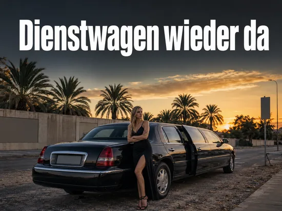 Frau neben einer dunklen Limousine am Straßenrand in der Abenddämmerung