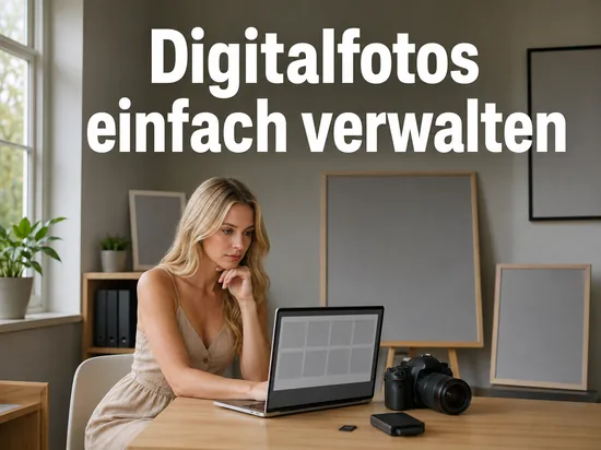 Digitalkamera mit Speicherkarte neben einem Laptop mit leerer Bilderuebersicht als Symbol fuer Digitalfoto-Software