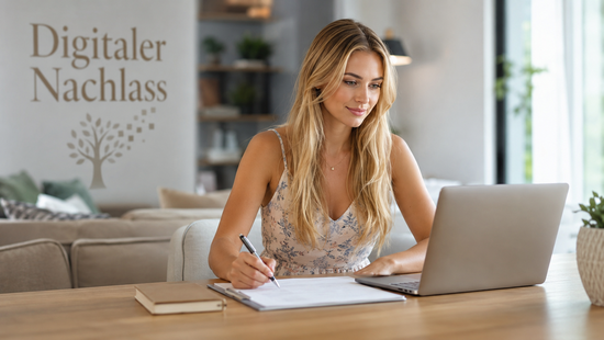 Blonde Frau im Kleid regelt am Laptop ihre digitale Vorsorge und notiert ihre Online-Konten, Symbol für das Regeln des digitalen Nachlasses.