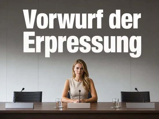 Frau sitzt allein an einem langen Verhandlungstisch mit Mikrofon und leeren Namensschildern