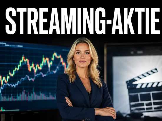Blonde Geschaeftsfrau vor Aktienkurs und Filmklappe, Symbolbild Disney Streaming- und Entertainment-Aktie 2024