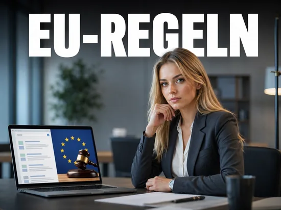 Blonde Geschaeftsfrau am Schreibtisch mit Laptop das Suchergebnisse EU-Flagge und Richterhammer zeigt, Schriftzug EU-Regeln