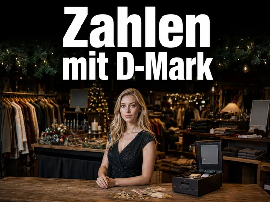 Verkäuferin an einer Ladentheke mit D-Mark-Münzen und Scheinen vor Weihnachten