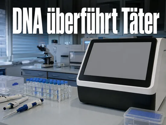Labortisch der Kriminaltechnik mit Probenroehrchen, Pipetten und Analysegeraet