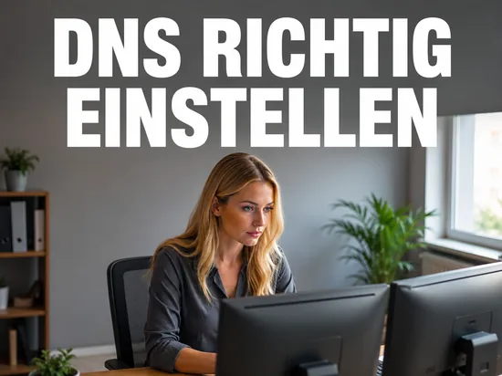 Blonde Frau in dunkelgrauer Bluse arbeitet konzentriert an zwei Monitoren, Schriftzug DNS richtig einstellen