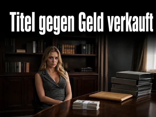Frau an einem Schreibtisch mit Aktenordnern, Umschlag und Geldscheinen