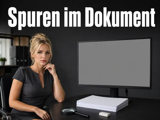 Schreibtisch mit Bildschirm, Papierstapel, Lupe und Radiergummi