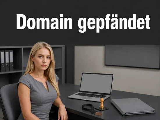 Schreibtisch mit Laptop, Amtsstempel, Siegelband und Aktenmappe