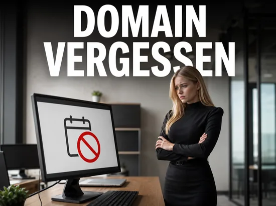 Blonde Frau vor Monitor mit Meldung ueber abgelaufene Internetadresse und Verbotszeichen, Schriftzug Domain vergessen