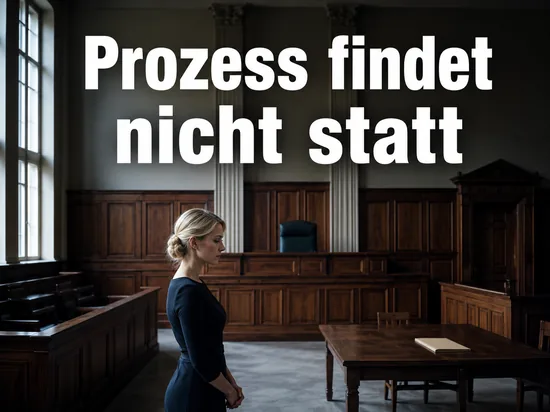 Frau in einem leeren Gerichtssaal mit unbesetzter Anklagebank: der Prozess wird nicht mehr stattfinden