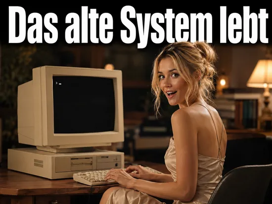 Frau an einem alten Computer mit schwarzer Kommandozeile als Symbol fuer die Veroeffentlichung von DR-DOS 8.0