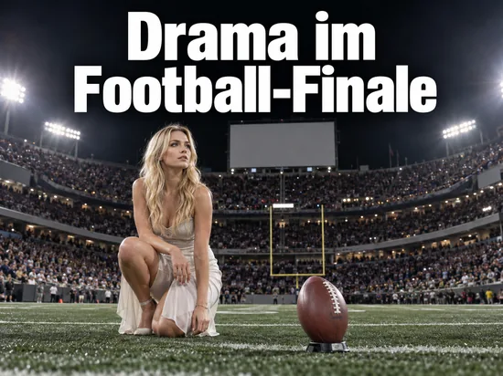 Frau im Kleid kniet auf dem Rasen eines Football-Stadions neben einem Football