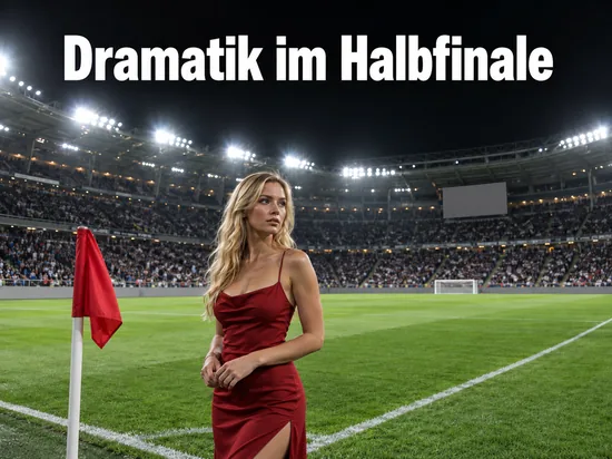 Frau im Kleid steht an der Eckfahne eines vollen Stadions bei Flutlicht
