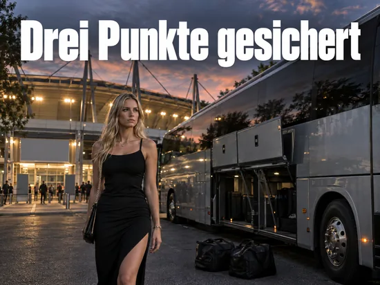 Frau im Kleid steht abends vor einem Mannschaftsbus am Stadioneingang