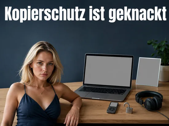 Frau am Schreibtisch mit Laptop, MP3-Player, geöffnetem Vorhängeschloss und Kopfhörern, Schriftzug Kopierschutz ist geknackt