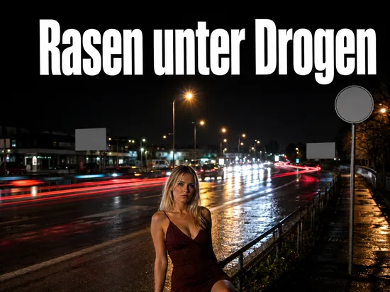 Nächtliche Stadtstraße mit Lichtspuren vorbeifahrender Autos auf nassem Asphalt